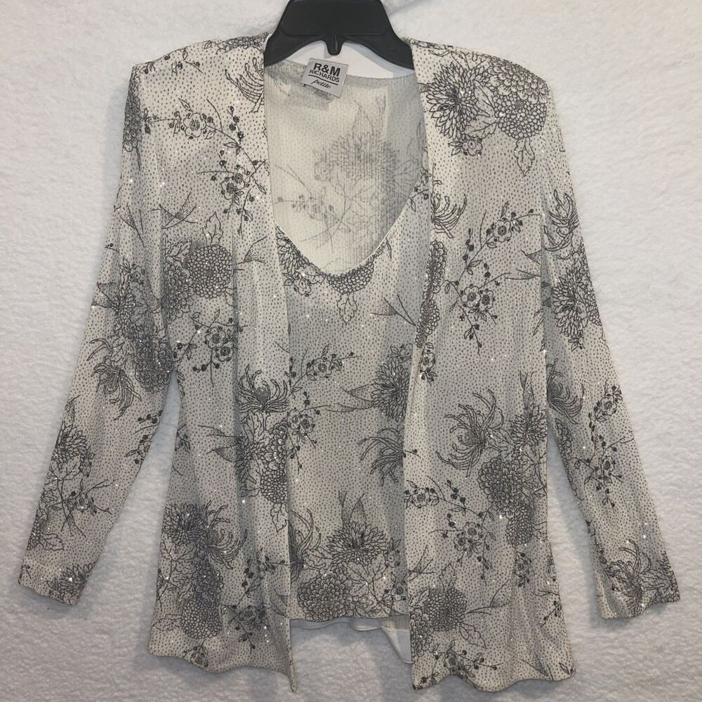 R&M Womens 2 Piece Set sz 12 White Floral Glitter Jacket Sleeveless Top VINTAGE